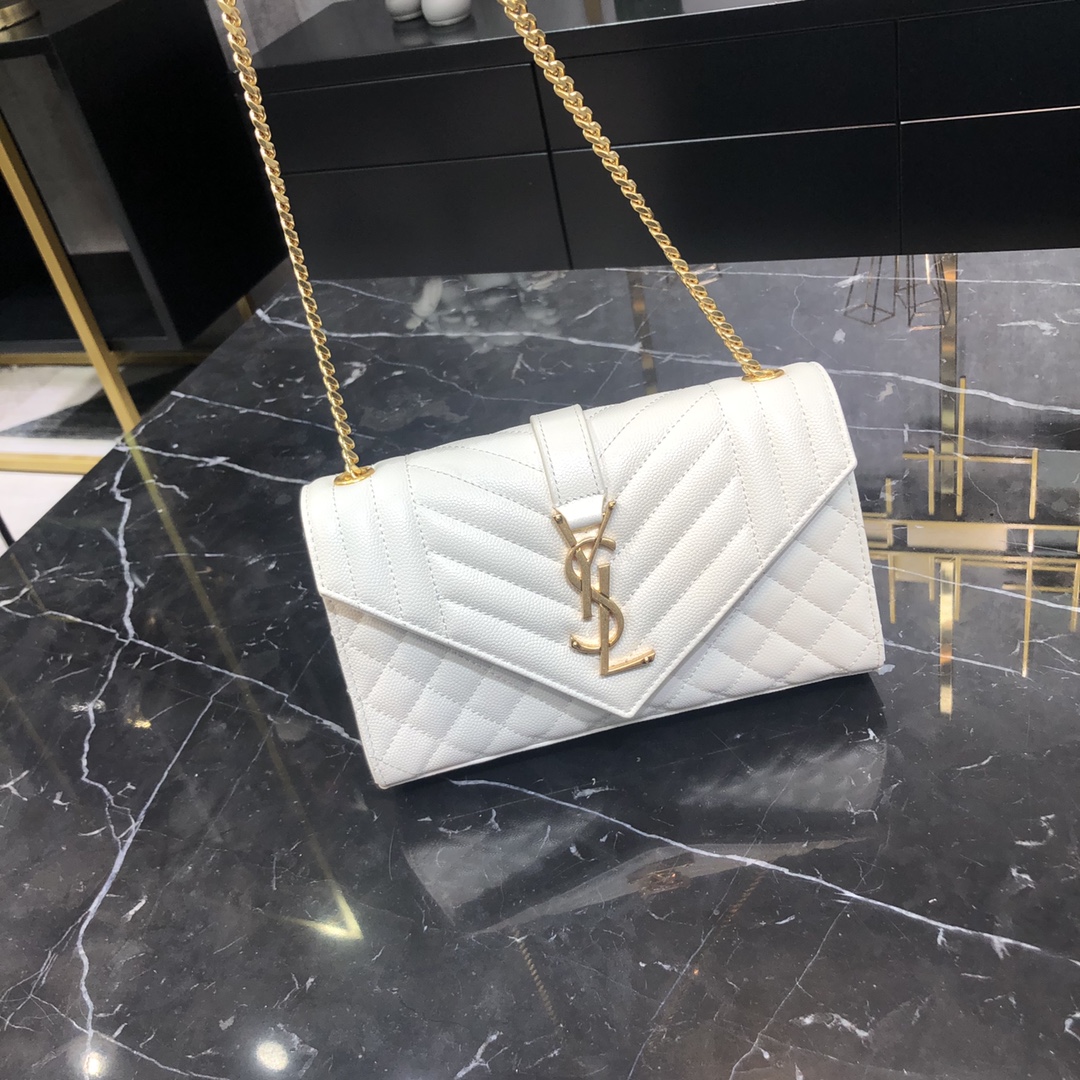 Saint Laurent Envelope Small Grain Quilted Calfskin Handbag White 600195